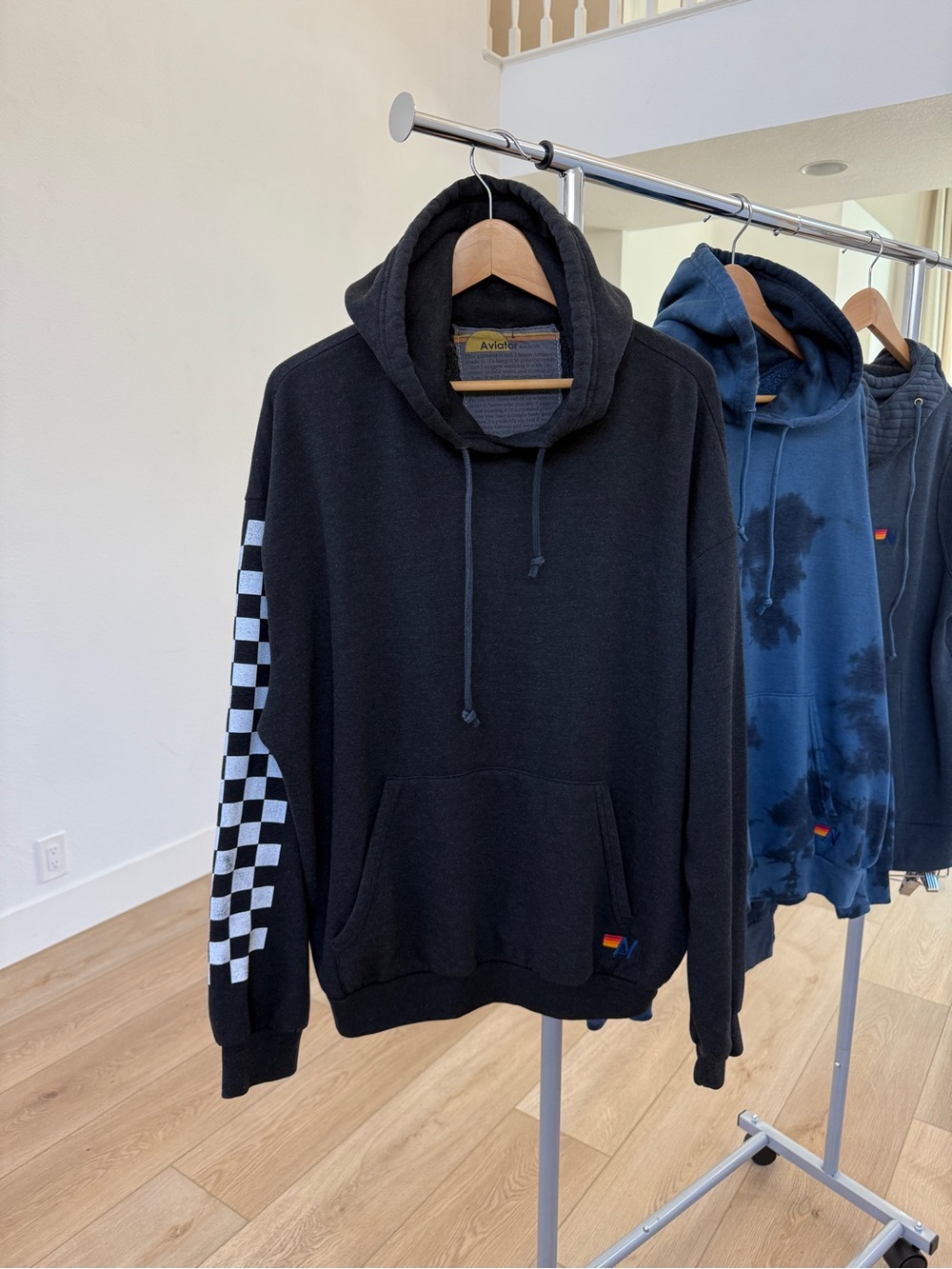 Aviator Nation 
RELAXED CHECK SLEEVE
PULLOVER HOODIE - BLACK
Size L 
Used Good - Picture 4 of 8